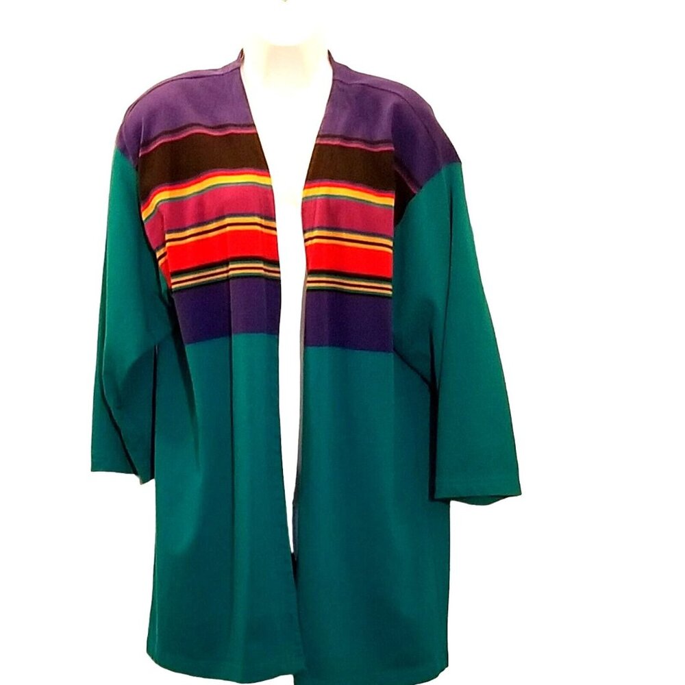 Chaus Vintage Womens Knit Cardigan Sweater Teal Striped Open‎ Front Size 2X - Picture 2 of 10